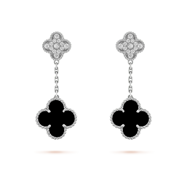 ˇTrend JewelryˇCLOVER 2 MOTIFS DIAMOND ONYX OHRRINGE SILBER
